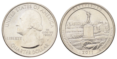 США 25 центов (квотер, 1/4 доллара) 2011 P, Квотеры «Парки США» - Национальный парк Геттисберг KM 494 медь плакированная медно-никелем UNC 4666-927