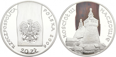 Польша 20 злотых 2006 Церковь в Хачуве, деревянное зодчество, цветная эмаль KM 584 серебро PROOF 1091-2-32