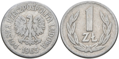 Польша 1 злотый 1965 MW KM 49.1, Parchimowicz 213b алюминий 117-924