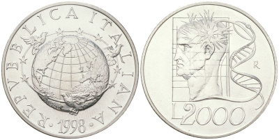 Италия 2000 лир 1998 R, Миллениум - ДНК, тираж 36.300 экземпляров KM 196 серебро BU 1529-1244