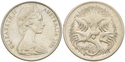 АВСТРАЛИЯ 5 ЦЕНТОВ 1971 ЕЛИЗАВЕТА II, МОЛОДОЙ ПОРТРЕТ, ЕХИДНА KM 64 медно-никель UNC 3851-1125