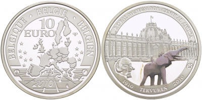 Бельгия 10 евро 2010 100 лет королевскому музею Африки, слон, эмаль KM 291 серебро PROOF 01-166-14
