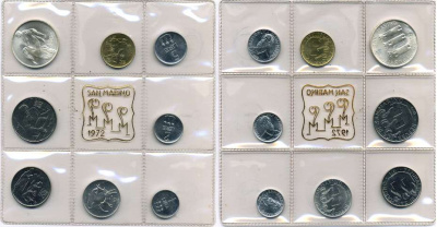 Сан-Марино годовой набор из 8 монет 1972 1, 2, 5, 10, 20, 50, 100 и 500 лир мать поднимает ребенка в воздух KM 14-21, в оригинальной пластиковой запайке серебро KM MS1 серебро UNC 5-4-3-57