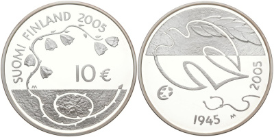 Финляндия 10 евро 2005 60 лет мира в Европе, голубь мира KM 120 серебро PROOF 11-345-44