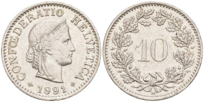 ШВЕЙЦАРИЯ 10 РАППЕНОВ 1991 В KM 27 медно-никель 55-534