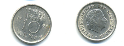 НИДЕРЛАНДЫ 10 ЦЕНТОВ 1961 ЮЛИАНА KM 182 никель 83-962