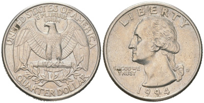 США 25 центов = квотер = 1/4 доллара 1994 D, Джордж Вашингтон KM 164a медь плакированная медно-никелем 190-1255