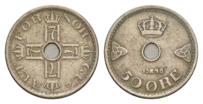 Норвегия 50 эре 1948 Хокон VII (1905-1957) KM 386 медно-никель 4635-415