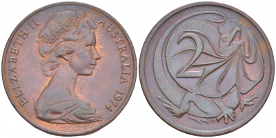 АВСТРАЛИЯ 2 ЦЕНТА 1974 ЕЛИЗАВЕТА II (1953-), ЕЛИЗАВЕТА II, МОЛОДОЙ ПОРТРЕТ, ПЛАЩЕНОСНАЯ ЯЩЕРИЦА (FRILLED LIZARD) KM 63 бронза 4519-443