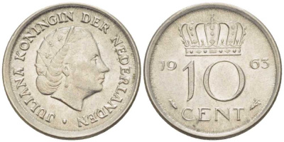 Нидерланды 10 центов 1980 Юлиана (1949-1980) KM 182 никель 214-1163