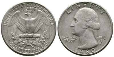 США 25 центов (квотер) 1980 D, Вашингтон KM А164а медь плакированная медно-никелем 57-1033