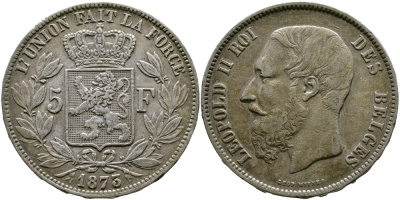 Бельгия 5 франков 1875 Леопольд II (1865-1909) KM 24 серебро 603-1422