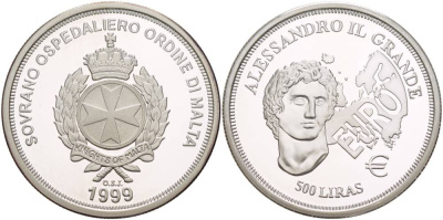 Мальта 500 лир 1999 Александр Великий, еврозона KM Х302 серебро PROOF 00-00