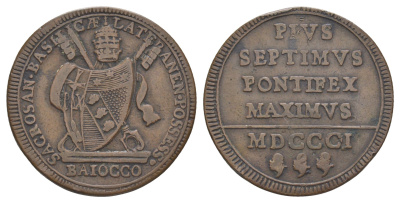 Папская область 1 байокко 1801 Пий VII (1800-1823) KM 1263 медь 633-414