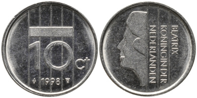 НИДЕРЛАНДЫ 10 ЦЕНТОВ 1998 БЕАТРИКС KM 203 никель 96-1256