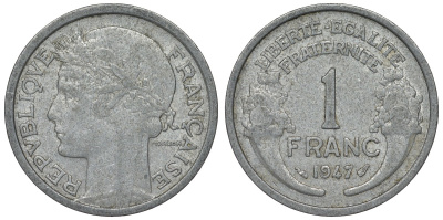Франция 1 франк 1947 тип Morlon KM 885а.1, Le Franc 221.11 алюминий 4128-323