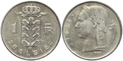 БЕЛЬГИЯ 1 ФРАНК 1968 BELGIE KM 143.1 медно-никель 4388-1035