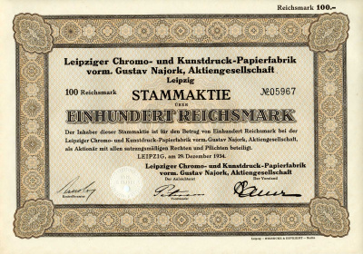 Германия 100 рейхсмарок 1934 АО Лейпцигская фабрика по производству бумаги для хромо- и художественной печати, акция   бумага   8801-51-1