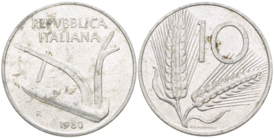 ИТАЛИЯ 10 ЛИР 1980 R, КОЛОСЬЯ, ПЛУГ KM 93 алюминий 4513-912
