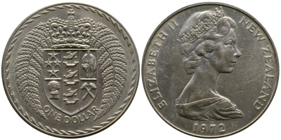 Новая Зеландия 1 доллар 1972 герб Новой Зеландии, Елизавета II (1952-2022) KM 38.2 медно-никель UNC 4044-135