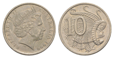 Австралия 10 центов 1999 Елизавета II (1952-2022), птица лирахвост KM 402 медно-никель 4384-222