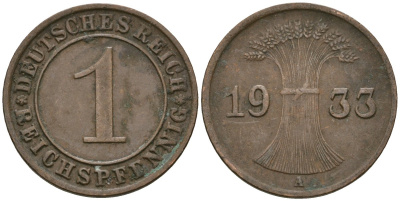 Германия 1 рейхспфенниг 1933 A KM 37, J. 313 бронза 4189-1163