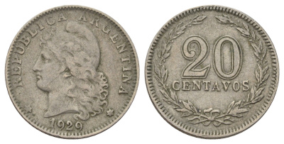 Аргентина 20 сентаво 1929 KM 36 медно-никель 4603-424