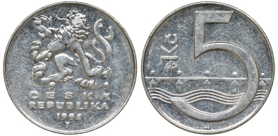 Чехия 5 крон 1995 чешский лев, Карлов мост KM 8 никелированная сталь 51-1315