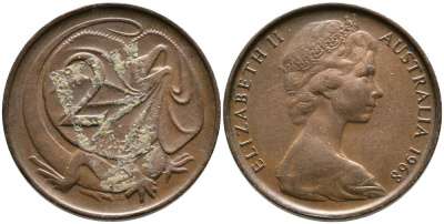 АВСТРАЛИЯ 2 ЦЕНТА 1968 ЕЛИЗАВЕТА II (1952-), ПЛАЩЕНОСНАЯ ЯЩЕРИЦА KM 63 бронза 3336-744