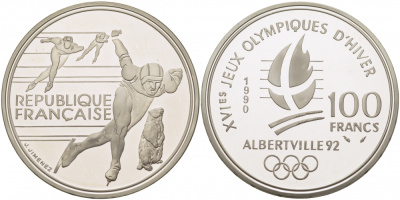 Франция 100 франков 1990 XVI Зимние Олимпийские игры 1992 в Альбервиле, конькобежный спорт KM 980 серебро PROOF 1077-8-41