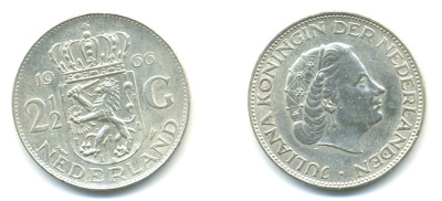Нидерланды 2 1/2 гульдена 1966 Юлиана (1948-1980) KM 185 серебро 83-634