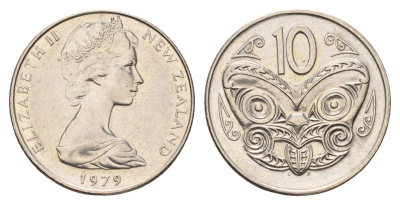 Новая Зеландия 10 центов 1979 Елизавета II (1952-2022), маска маори KM 41 медно-никель UNC 4675-211
