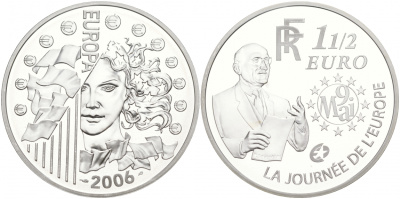 Франция 1 1/2 евро 2006 Декларация Шумана, день Европы 9 мая 1950 года KM 2037 серебро PROOF 02-012-34