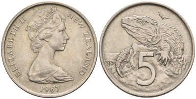 Новая Зеландия 5 центов 1967 Елизавета II (1952-2022), ящерица гаттерия KM 34.1 медно-никель 4541-443