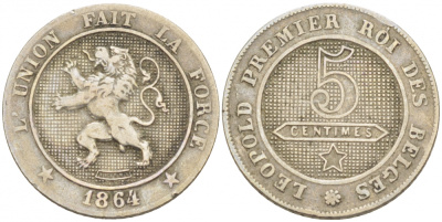 Бельгия 5 сантимов 1864 BELGES KM 21 медно-никель 4127-235