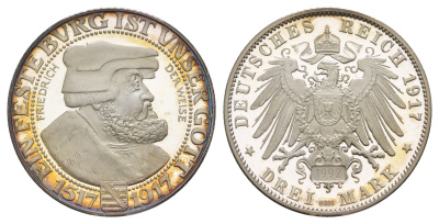 Саксония 3 марки 1917 (1992) 400 лет Реформации, новодел типаж - KM 1276 серебро PROOF 11-157-11