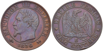 ФРАНЦИЯ 5 САНТИМОВ 1856 B, НАПОЛЕОН III (1852-1870) KM 777.2, LA FRANC 116.31 бронза 28-657