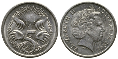 Австралия 5 центов 2001 Елизавета II (1952-2022), ехидна KM 401 медно-никель 84-915