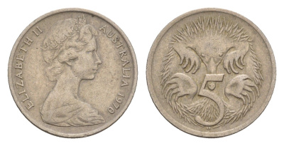 Австралия 5 центов 1970 Елизавета II (1952-2022) молодой портрет, ехидна KM 64 медно-никель 4655-1258