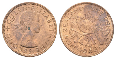 Новая Зеландия 1 пенни 1963 Елизавета II (1952-2022), новозеландский туи KM 24.2 бронза aUNC 4587-123