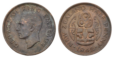 Новая Зеландия 1/2 пенни 1942 Георг VI (1936-1952), божество Хей-Тики KM 12 бронза 89-1354