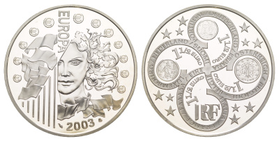 Франция 1 1/2 евро 2003 первая годовщина введения евро, в оригинальной коробке, сертификат KM 1338 серебро  PROOF  1-6-4-40