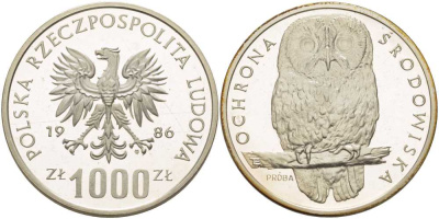 Польша 1000 злотых 1986 MW, серия защита окружающей среды, сова, PROBA, тираж 6000 экземпляров, в оригинальной пластиковой коробке KM Pr548 серебро PROOF 5-3-1-169