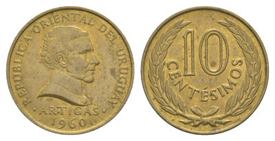 Уругвай 10 сентесимо 1960 KM 39 никель латунь UNC 4620-244