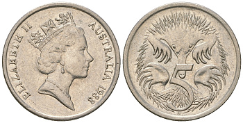 Австралия 5 центов 1988 Елизавета II (1952-2022), ехидна KM 80 медно-никель 3458-1259