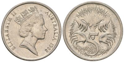 Австралия 5 центов 1988 Елизавета II (1952-2022), ехидна KM 80 медно-никель 3458-1259