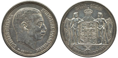Дания 2 кроны 1930 N; AH, 60 лет королю Кристиану X (1870-1930) KM 829 серебро 69-431