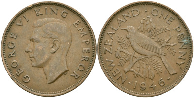 Новая Зеландия 1 пенни 1946 Георг VI (1936-1952), новозеландский туи KM 13 бронза 32-843