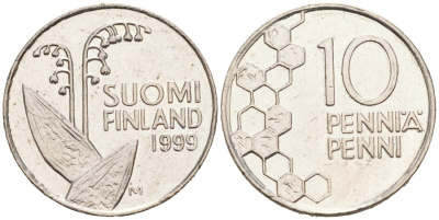 ФИНЛЯНДИЯ 10 ПЕННИ 1999 М, ЛАНДЫШ KM 65 медно-никель 192-1148