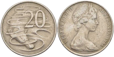 Австралия 20 центов 1966 Елизавета II (1952-2022), утконос KM 66 медно-никель 4382-442